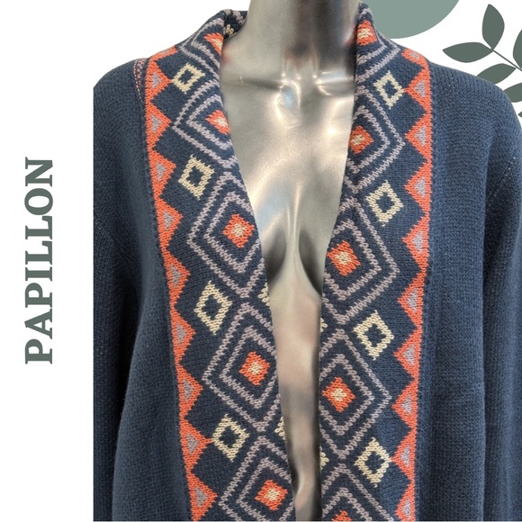Papillon Blue Aztec Knit Cardigan Long Open Sweater Extra Large XL - Picture 6 of 7